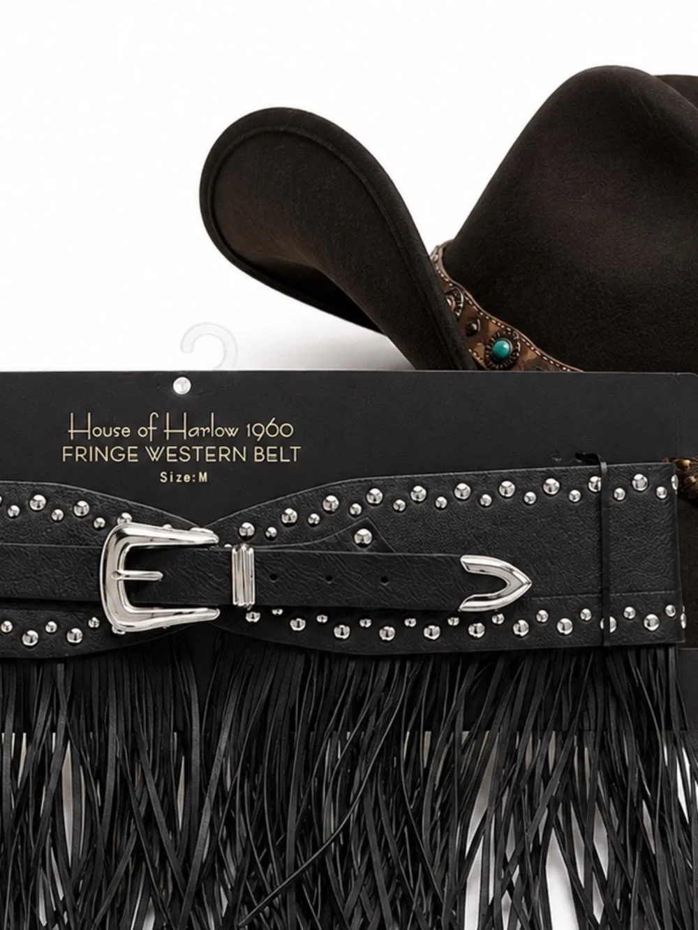 House of Harlow 1960 Black Fringe Belt Studded Boho Western Hippie Chic sz M